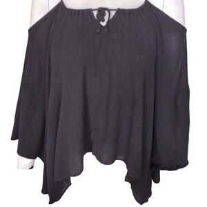 ANEC Blouse Woman S Black Gauze Boho Asymmetrical off‎ the Shoulder 3/4 Sleeves
